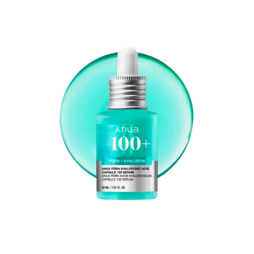 Anua 100+ serum bottle with dropper on a white background